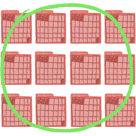 a grid of 4 by 3 stylized red calendars with a green circle around the entire image